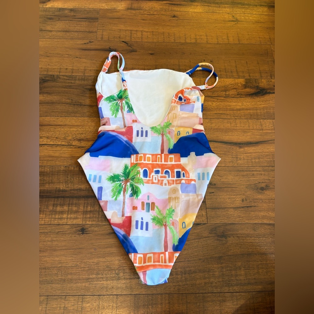 ASOS Square Neck Swimsuit Mykonos Print One Peice Beach Size 6 Medium NWOT - Picture 3 of 6